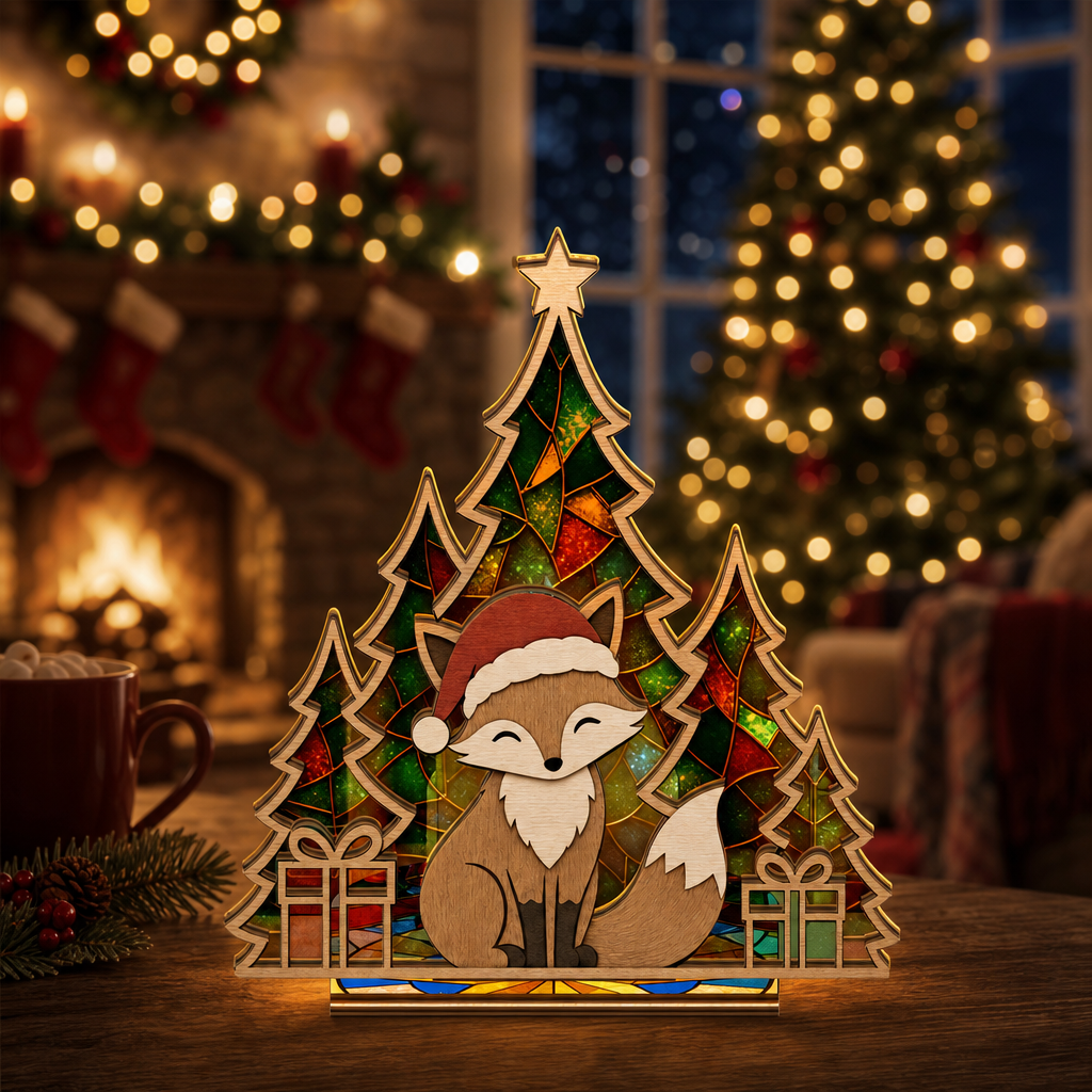 Christmas fox suncatcher candle holder glowing on holiday table