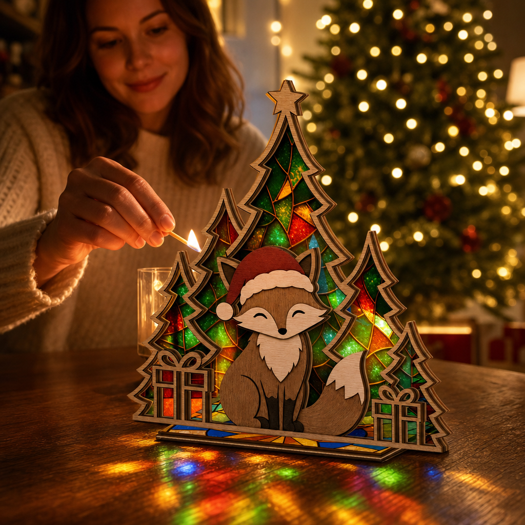 Christmas fox suncatcher candle holder glowing on holiday table