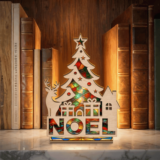 Christmas NOEL suncatcher candle holder with tree, reindeer and house