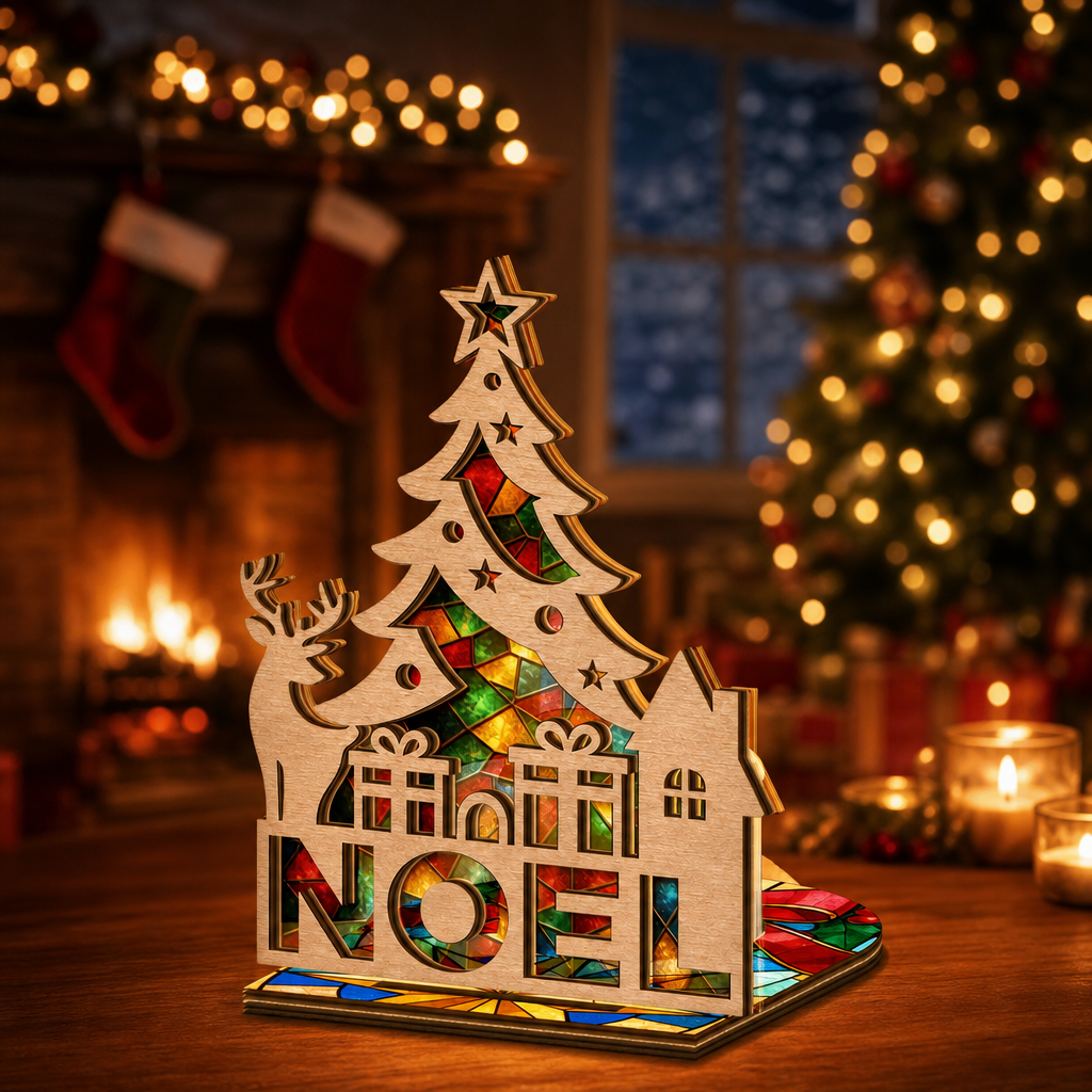 Christmas NOEL suncatcher candle holder glowing on holiday table