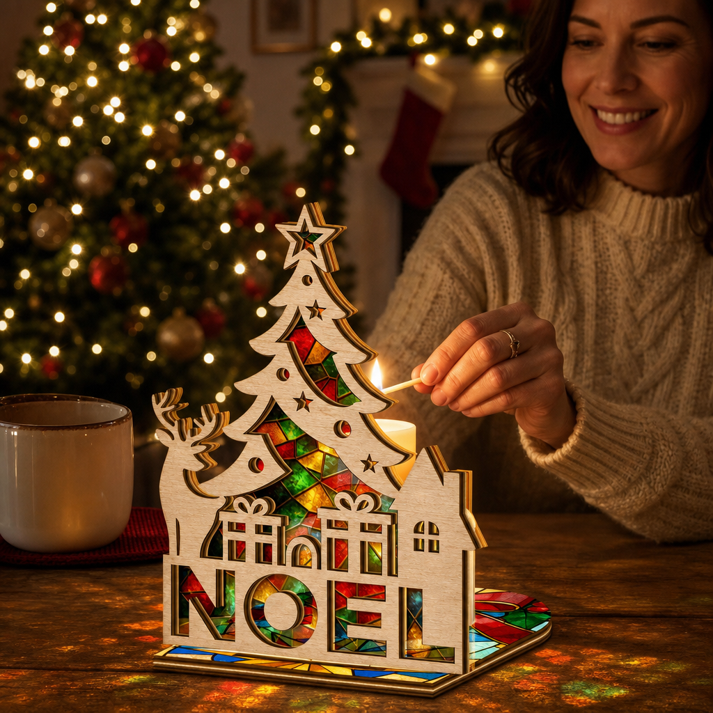 Christmas NOEL suncatcher candle holder glowing on holiday table