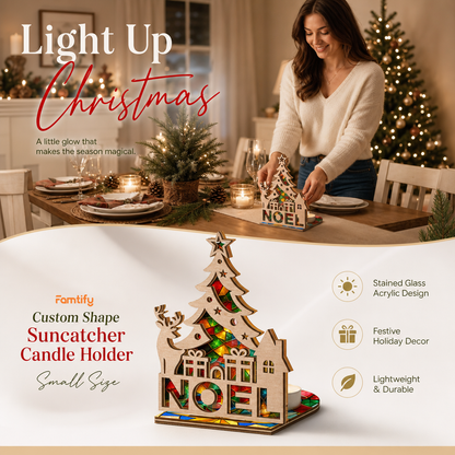 Christmas NOEL suncatcher candle holder glowing on holiday table
