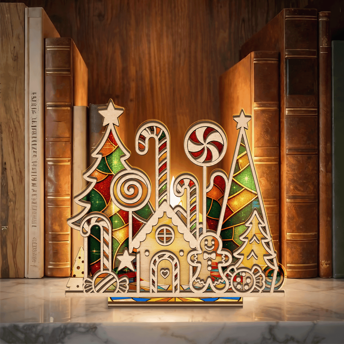Christmas candy land suncatcher candle holder with gingerbread house and candy canes
