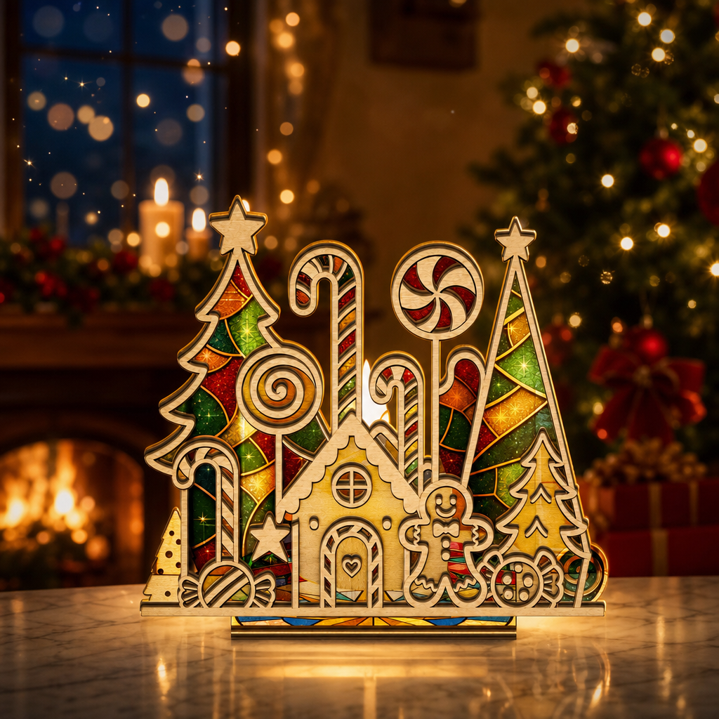 Christmas candy land suncatcher candle holder glowing on holiday table