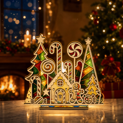 Christmas candy land suncatcher candle holder glowing on holiday table
