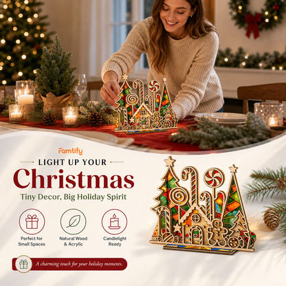 Christmas candy land suncatcher candle holder glowing on holiday table