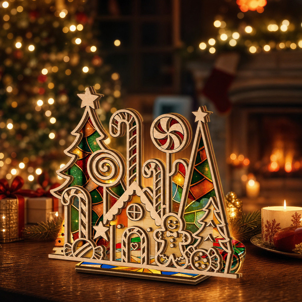 Christmas candy land suncatcher candle holder glowing on holiday table