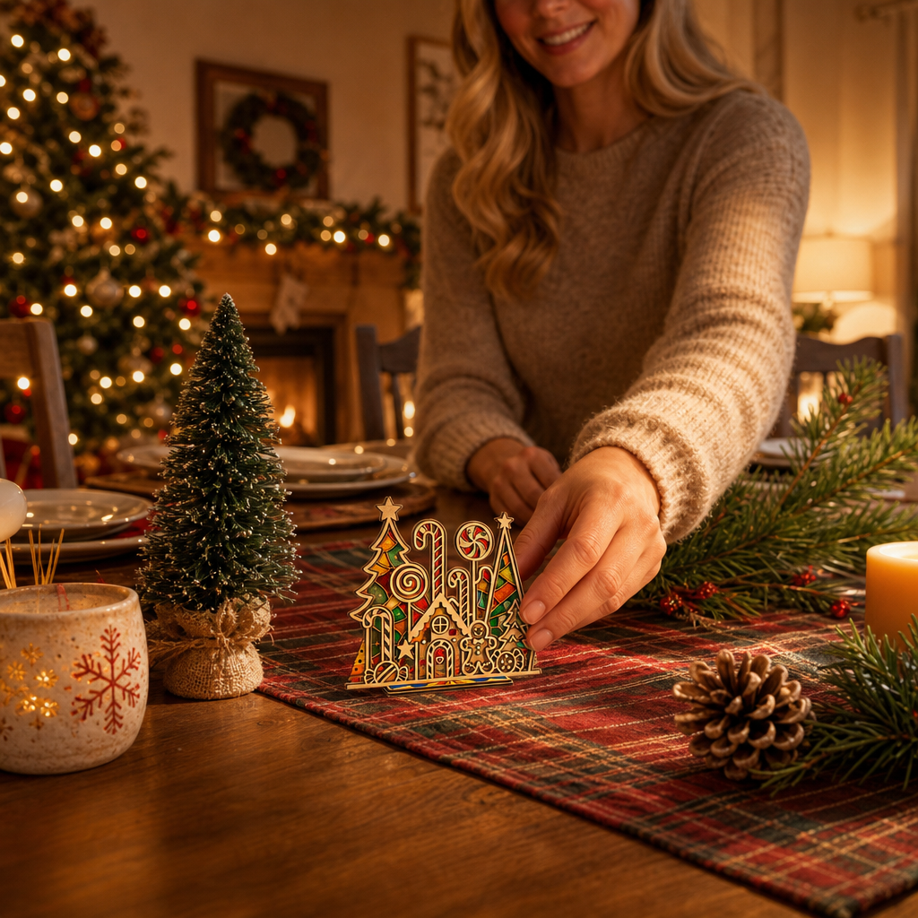 Christmas candy land suncatcher candle holder glowing on holiday table