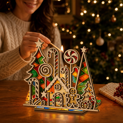 Christmas candy land suncatcher candle holder glowing on holiday table
