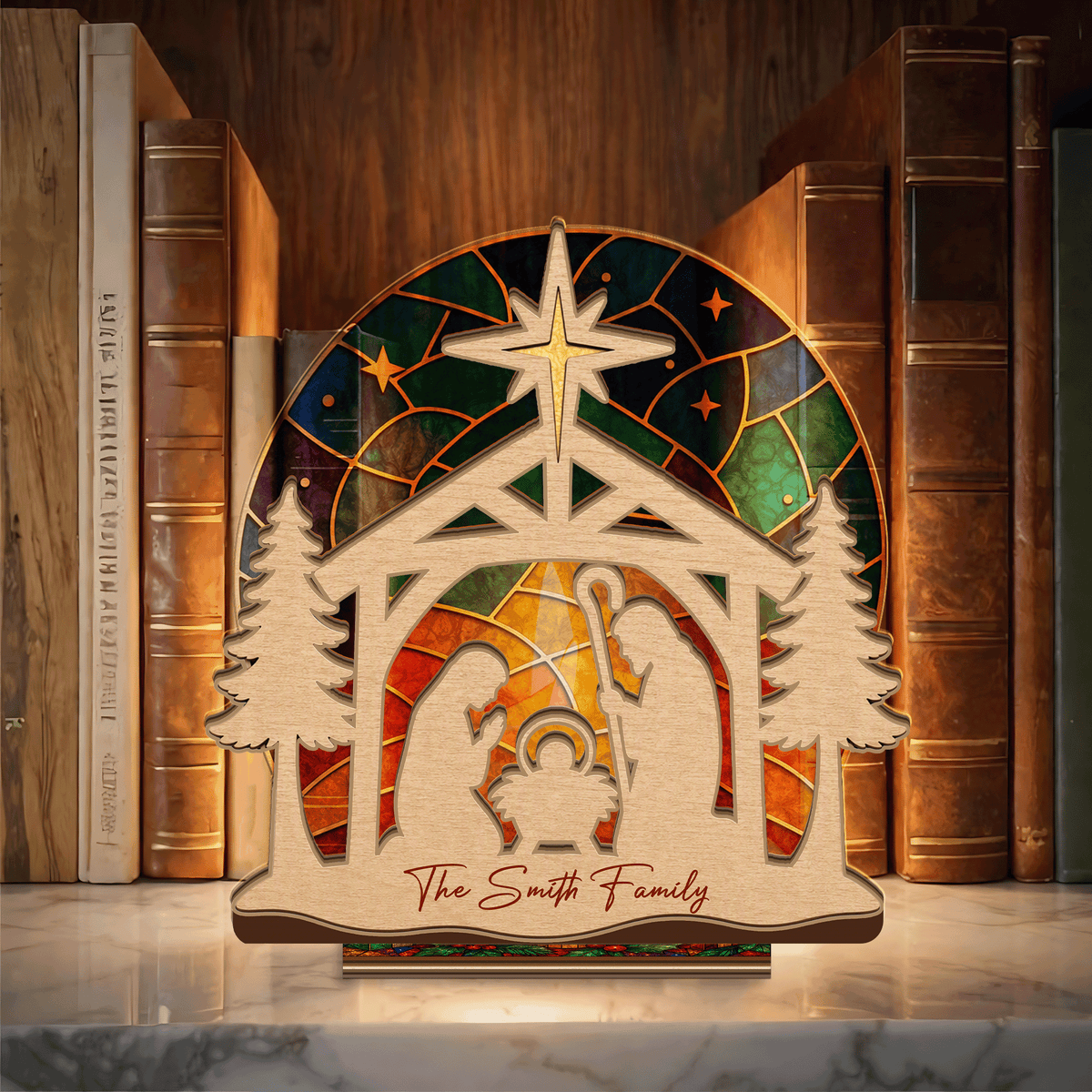 Personalized Christmas nativity family name suncatcher candle holder with stained glass arch