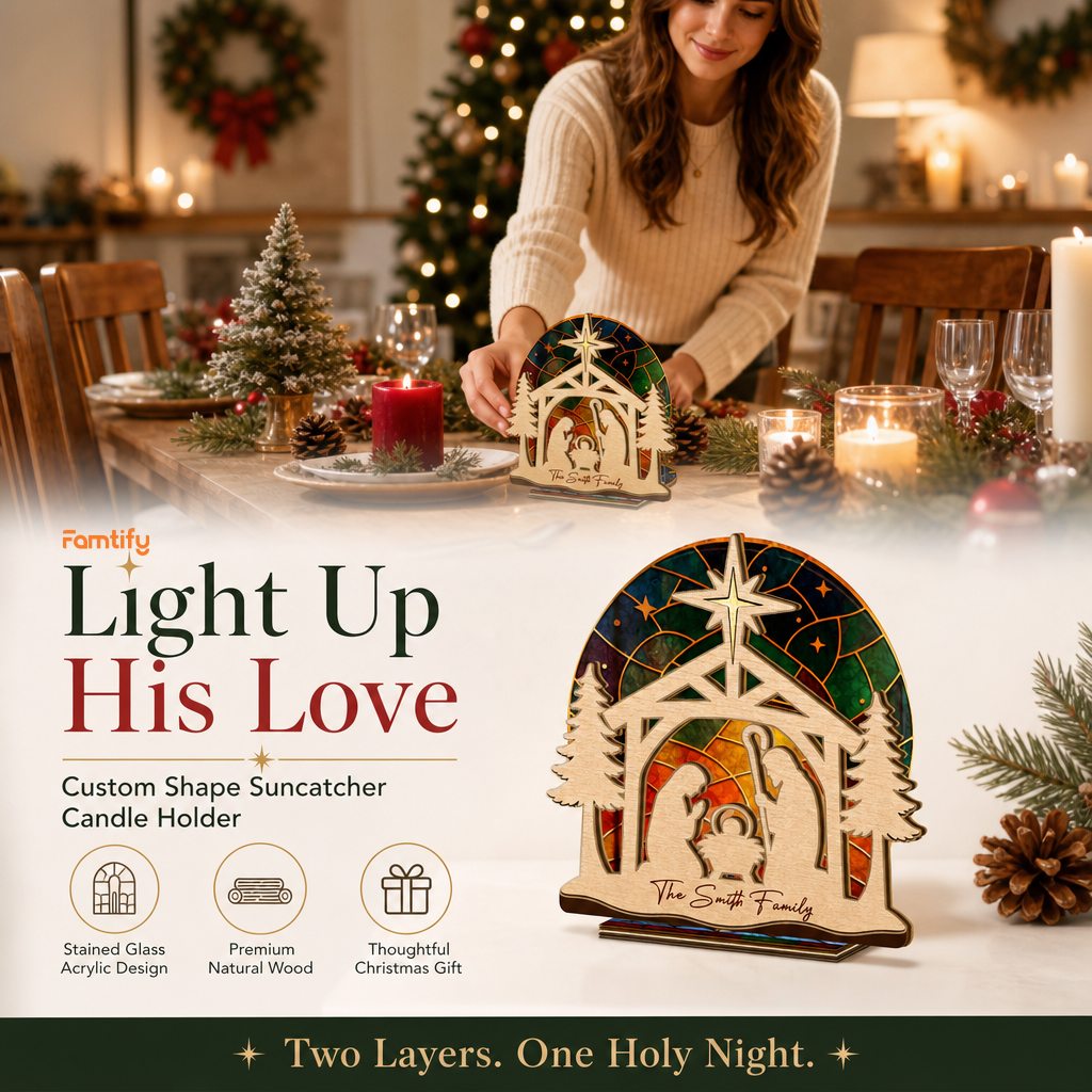 Personalized nativity family name suncatcher candle holder glowing on holiday table