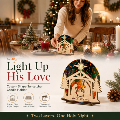 Personalized nativity family name suncatcher candle holder glowing on holiday table