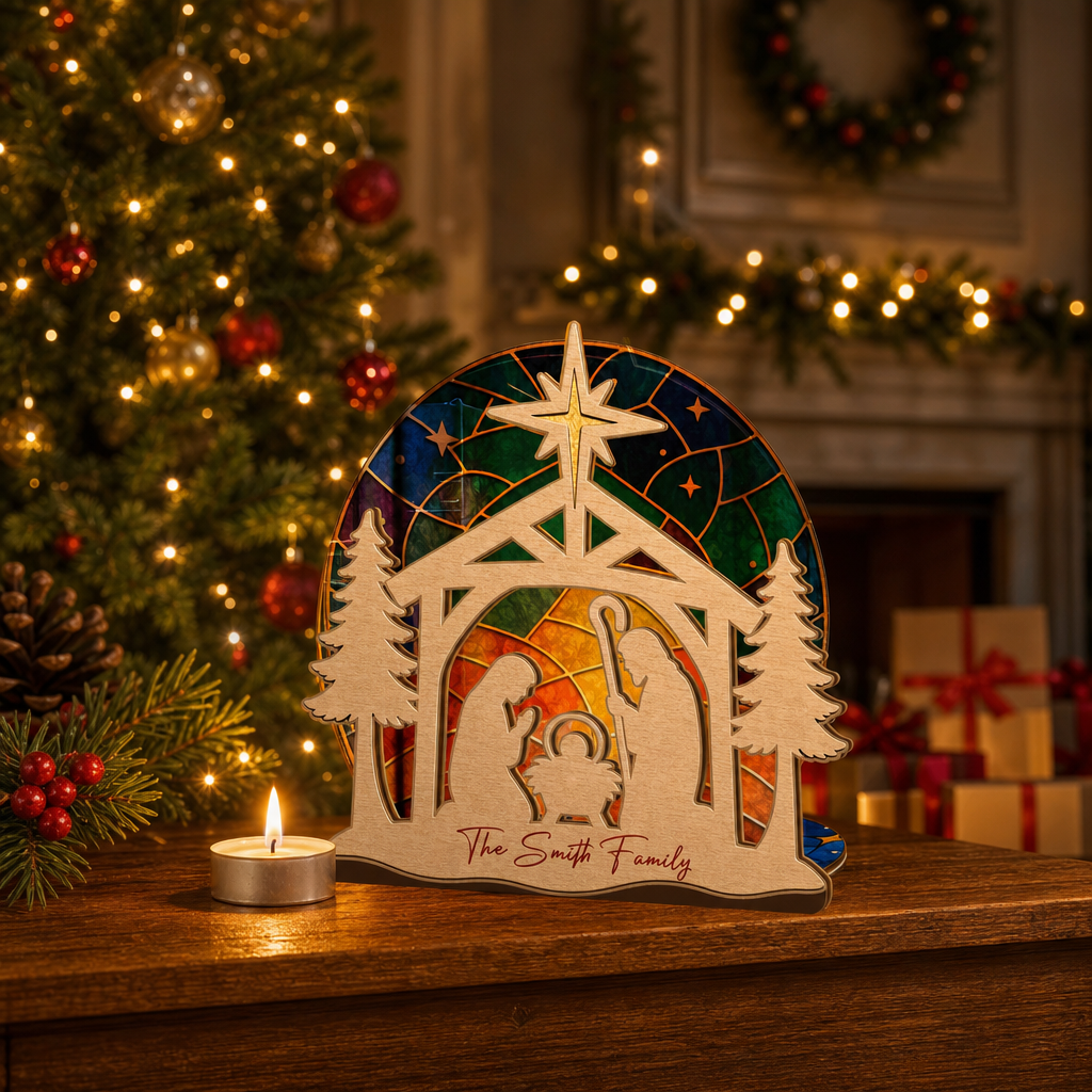 Personalized nativity family name suncatcher candle holder glowing on holiday table
