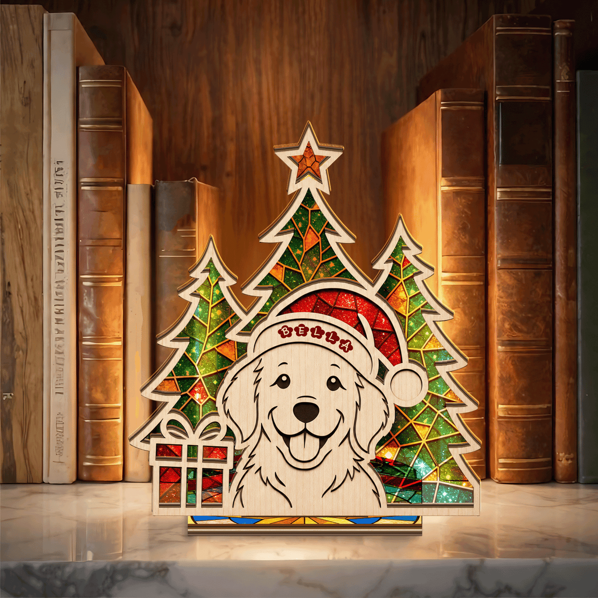 Personalized Christmas pet name suncatcher candle holder with dog in Santa hat