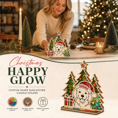 Personalized pet name suncatcher candle holder glowing on holiday table