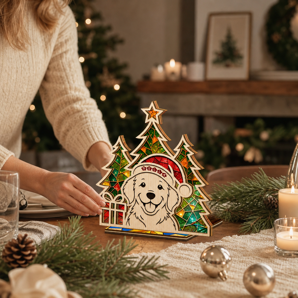 Personalized pet name suncatcher candle holder glowing on holiday table