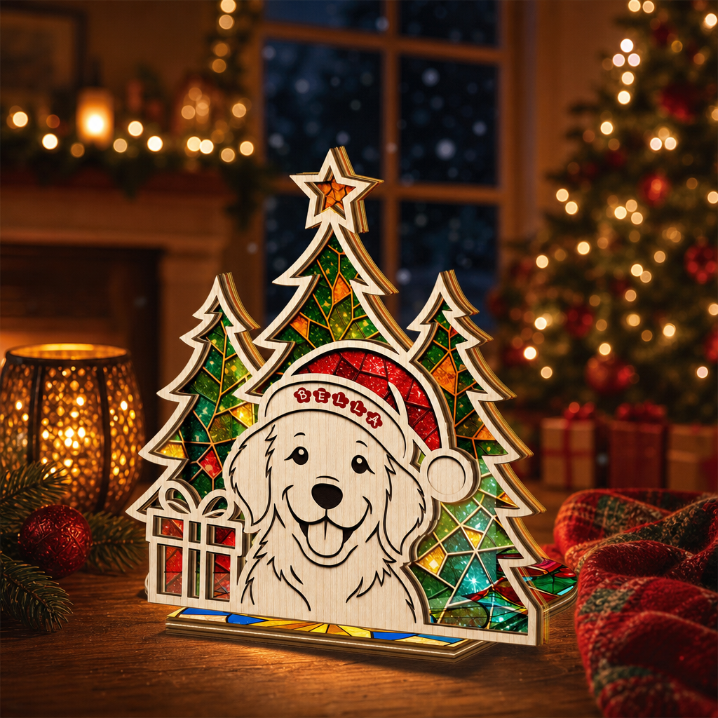 Personalized pet name suncatcher candle holder glowing on holiday table