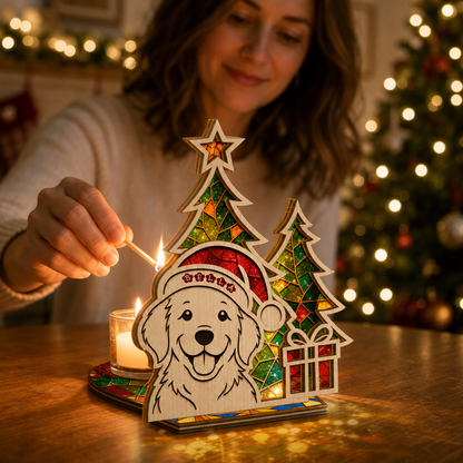 Personalized pet name suncatcher candle holder glowing on holiday table