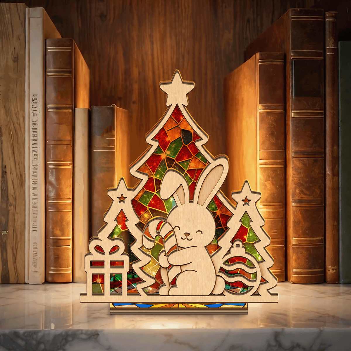 Christmas bunny suncatcher candle holder with candy cane and tree