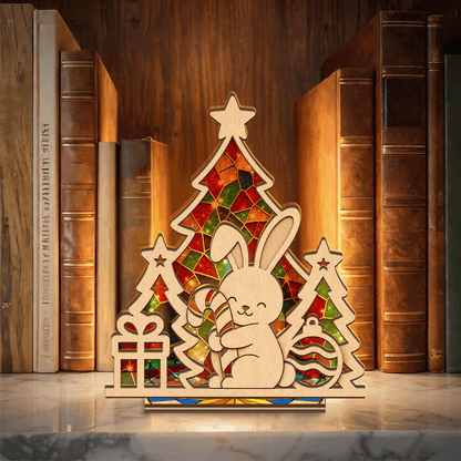 Christmas bunny suncatcher candle holder with candy cane and tree