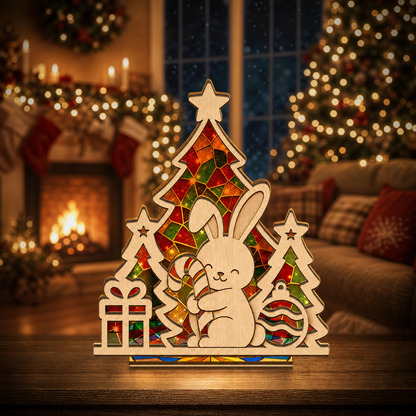 Christmas bunny suncatcher candle holder glowing on holiday table