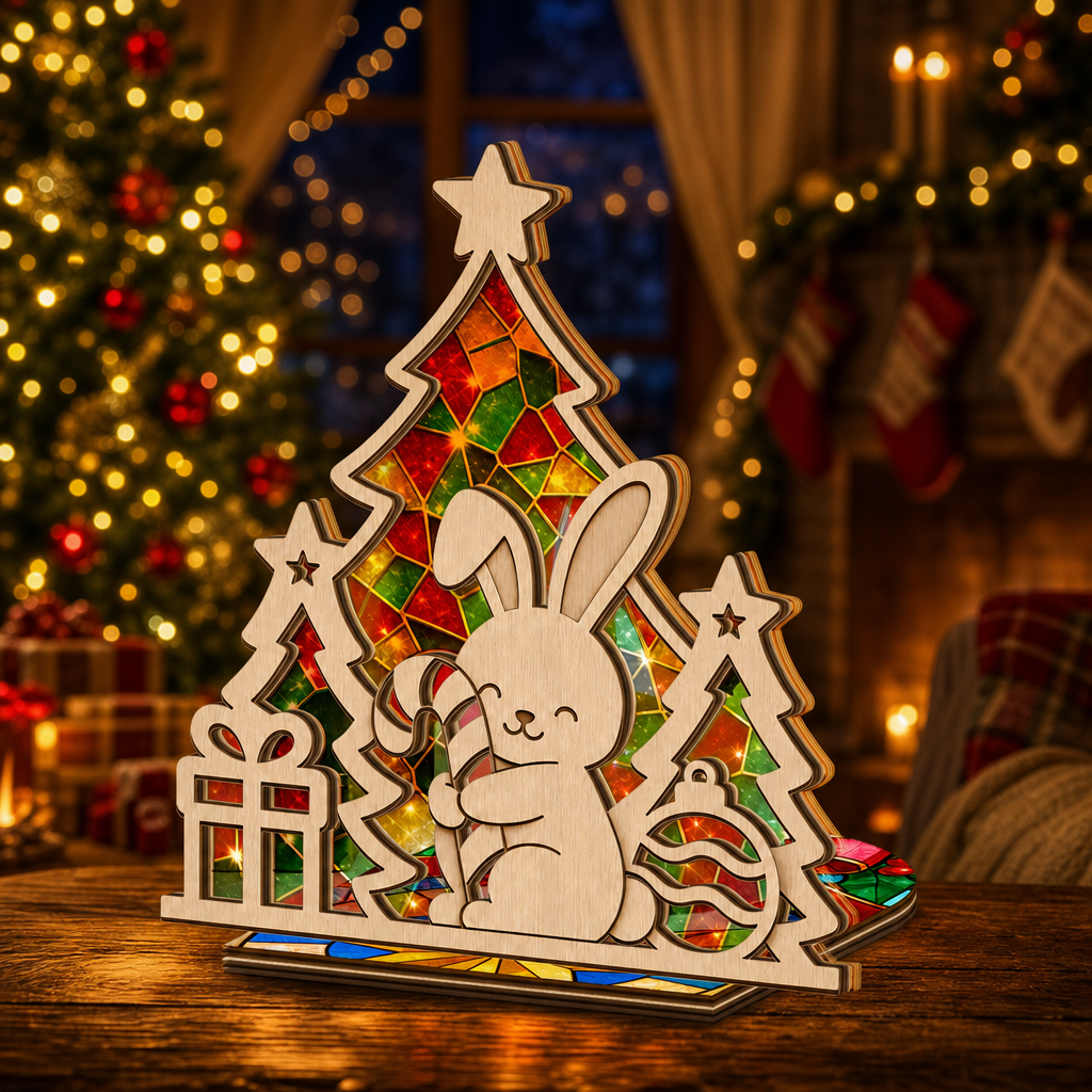Christmas bunny suncatcher candle holder glowing on holiday table