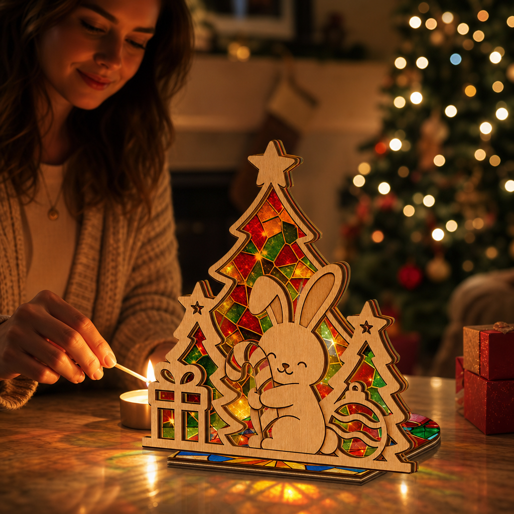 Christmas bunny suncatcher candle holder glowing on holiday table