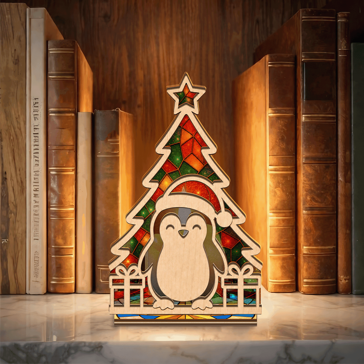 Christmas penguin in Santa hat suncatcher candle holder with tree and gifts
