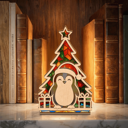 Christmas penguin in Santa hat suncatcher candle holder with tree and gifts