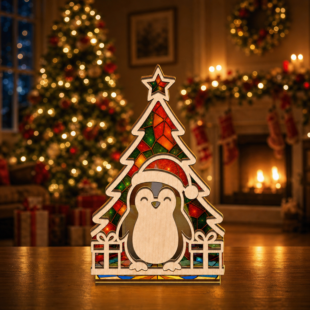 Christmas penguin suncatcher candle holder glowing on holiday table