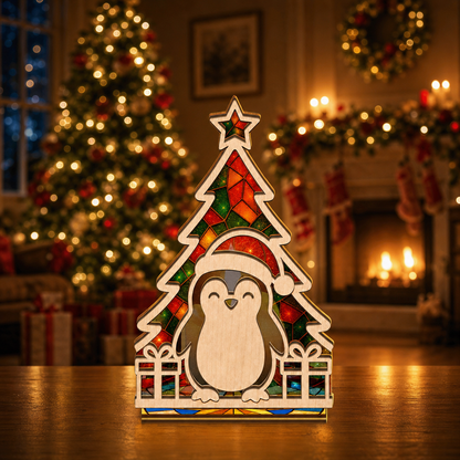 Christmas penguin suncatcher candle holder glowing on holiday table