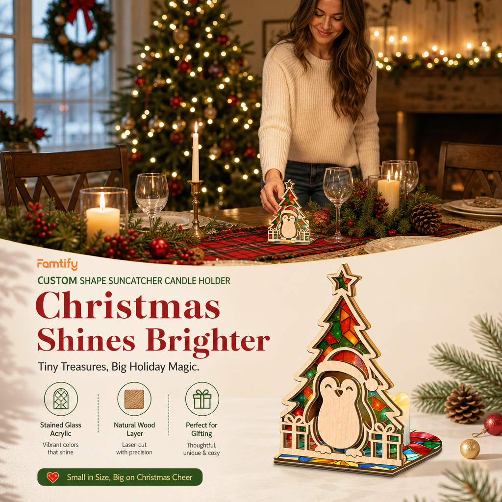 Christmas penguin suncatcher candle holder glowing on holiday table