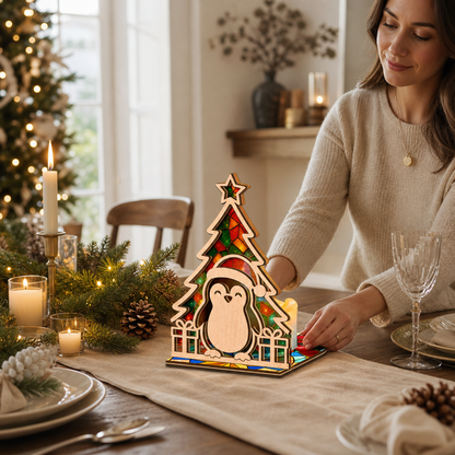 Christmas penguin suncatcher candle holder glowing on holiday table