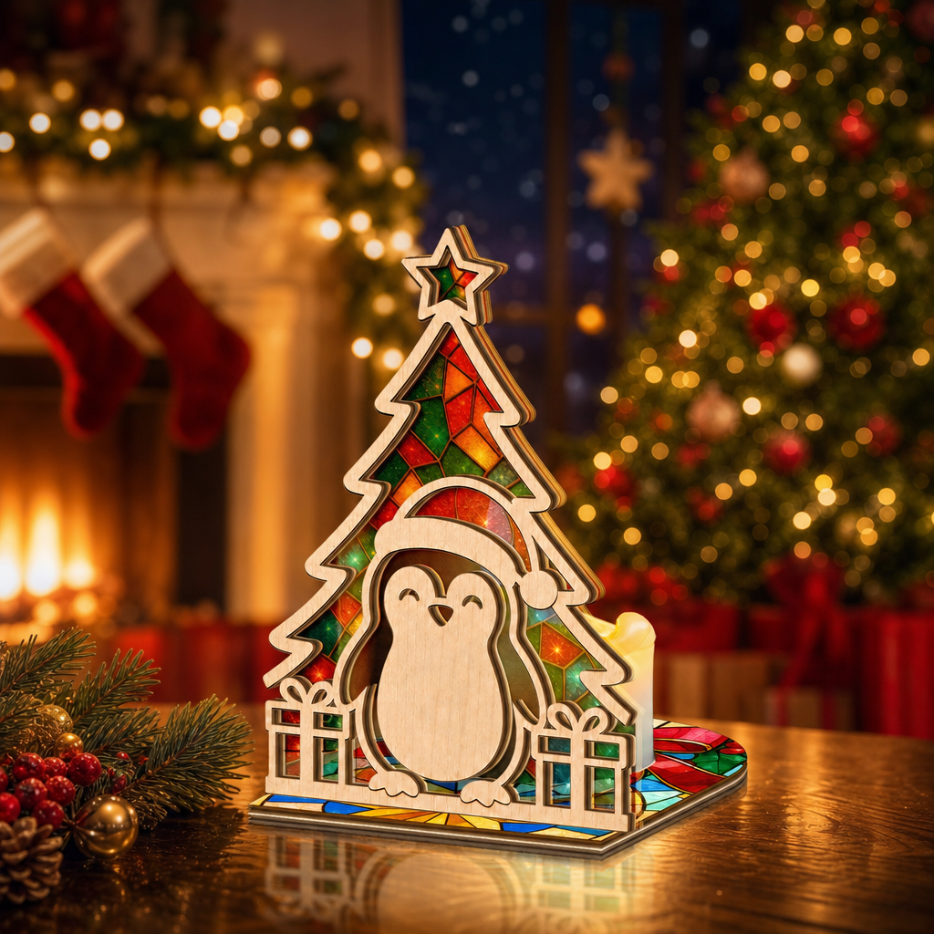 Christmas penguin suncatcher candle holder glowing on holiday table