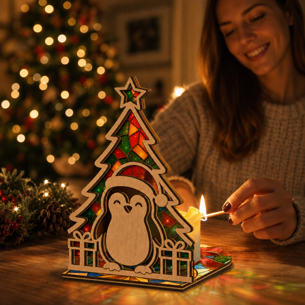 Christmas penguin suncatcher candle holder glowing on holiday table