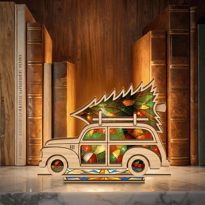 Christmas vintage car carrying tree suncatcher candle holder