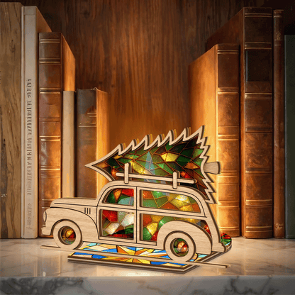 Christmas vintage car and tree suncatcher candle holder side view