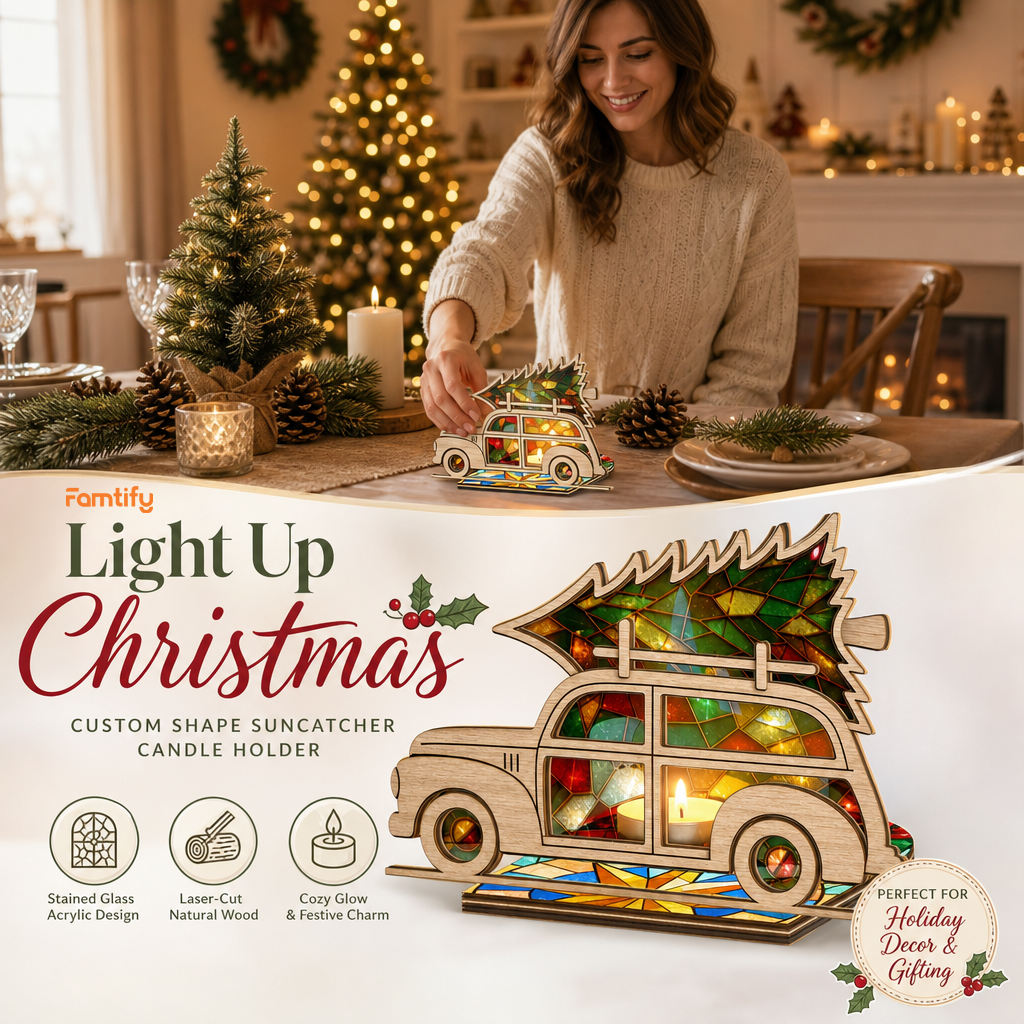 Christmas vintage car and tree suncatcher candle holder glowing on holiday table