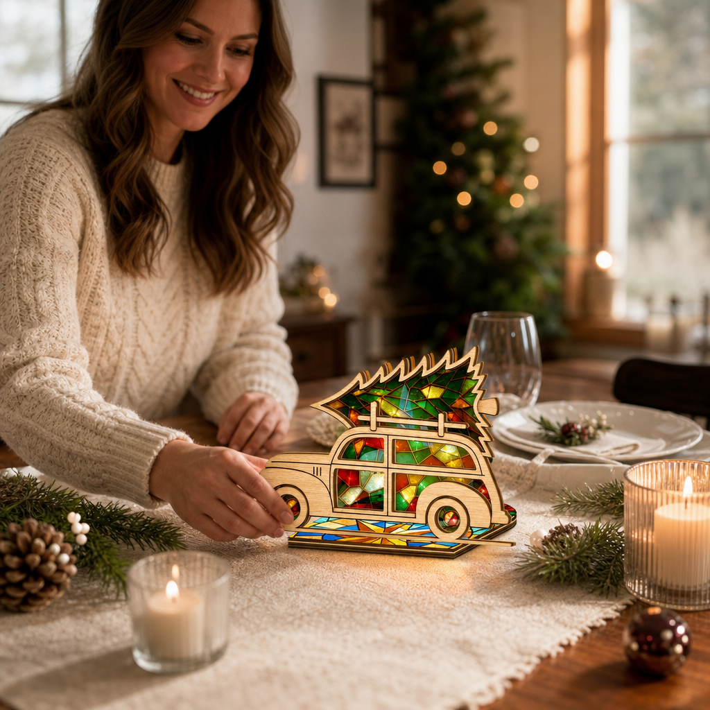 Christmas vintage car and tree suncatcher candle holder glowing on holiday table