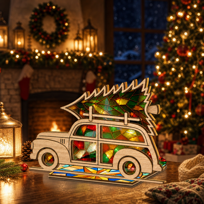 Christmas vintage car and tree suncatcher candle holder glowing on holiday table