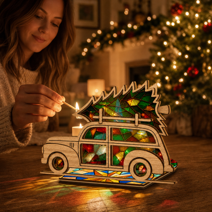 Christmas vintage car and tree suncatcher candle holder glowing on holiday table