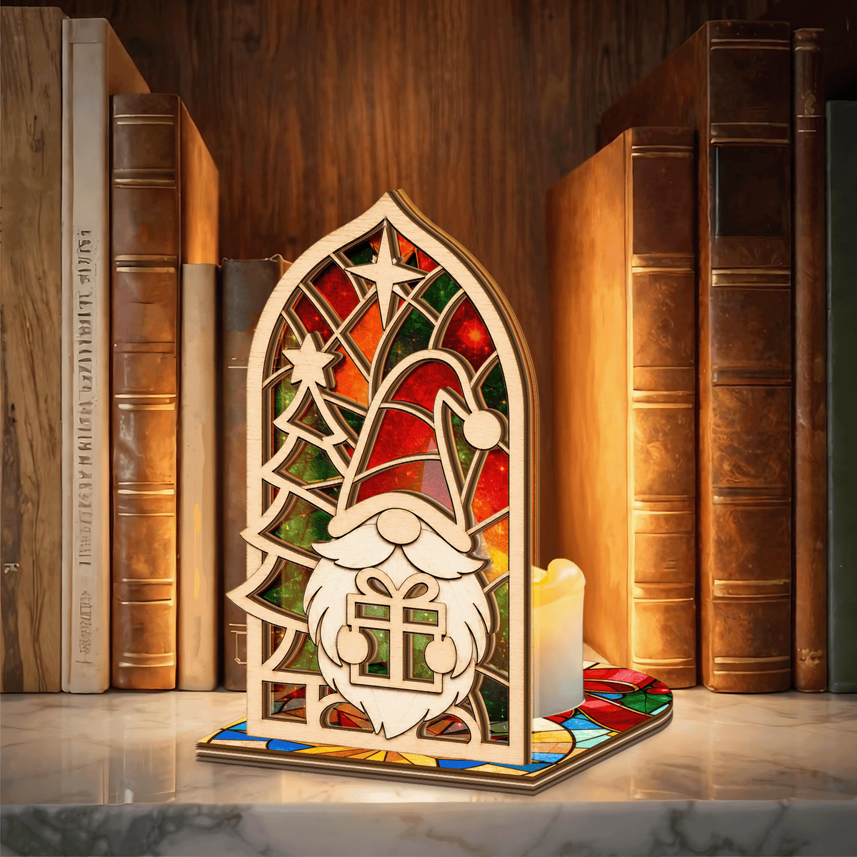Christmas gnome gift arch suncatcher candle holder side view