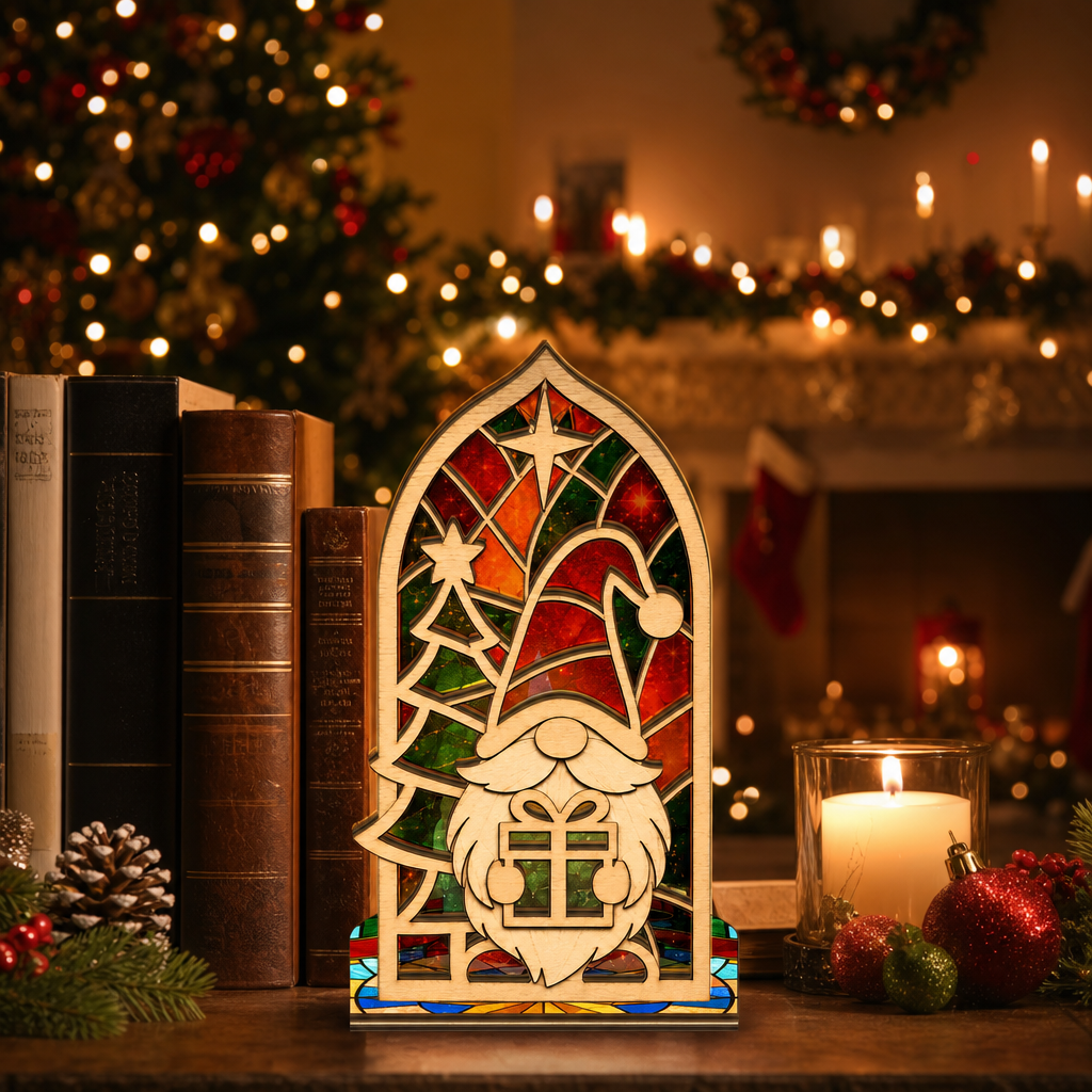 Christmas gnome gift arch suncatcher candle holder glowing on holiday table