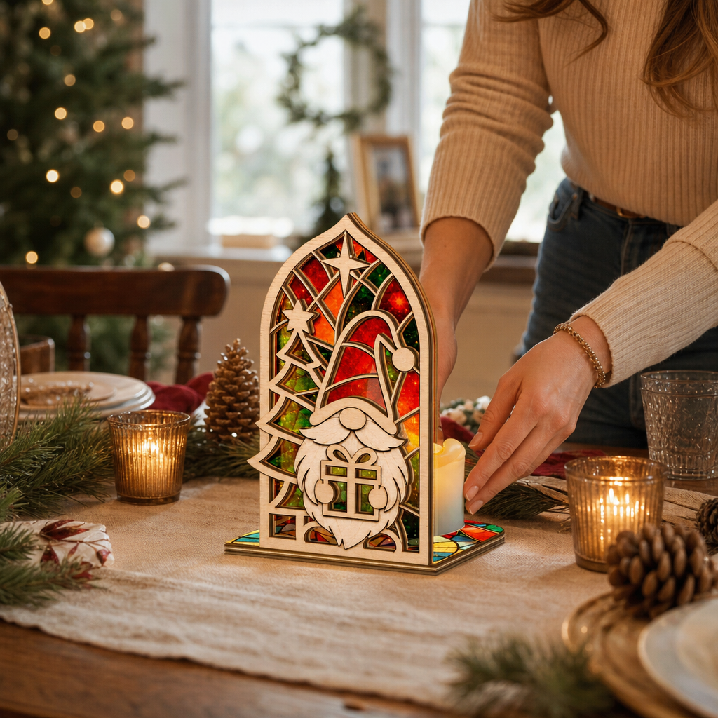 Christmas gnome gift arch suncatcher candle holder glowing on holiday table