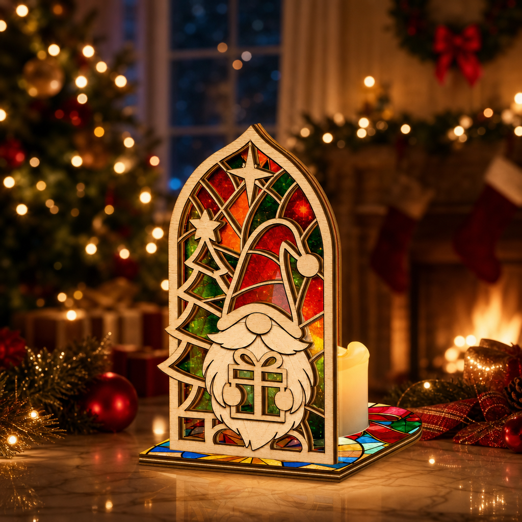 Christmas gnome gift arch suncatcher candle holder glowing on holiday table