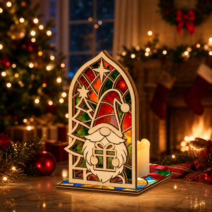 Christmas gnome gift arch suncatcher candle holder glowing on holiday table