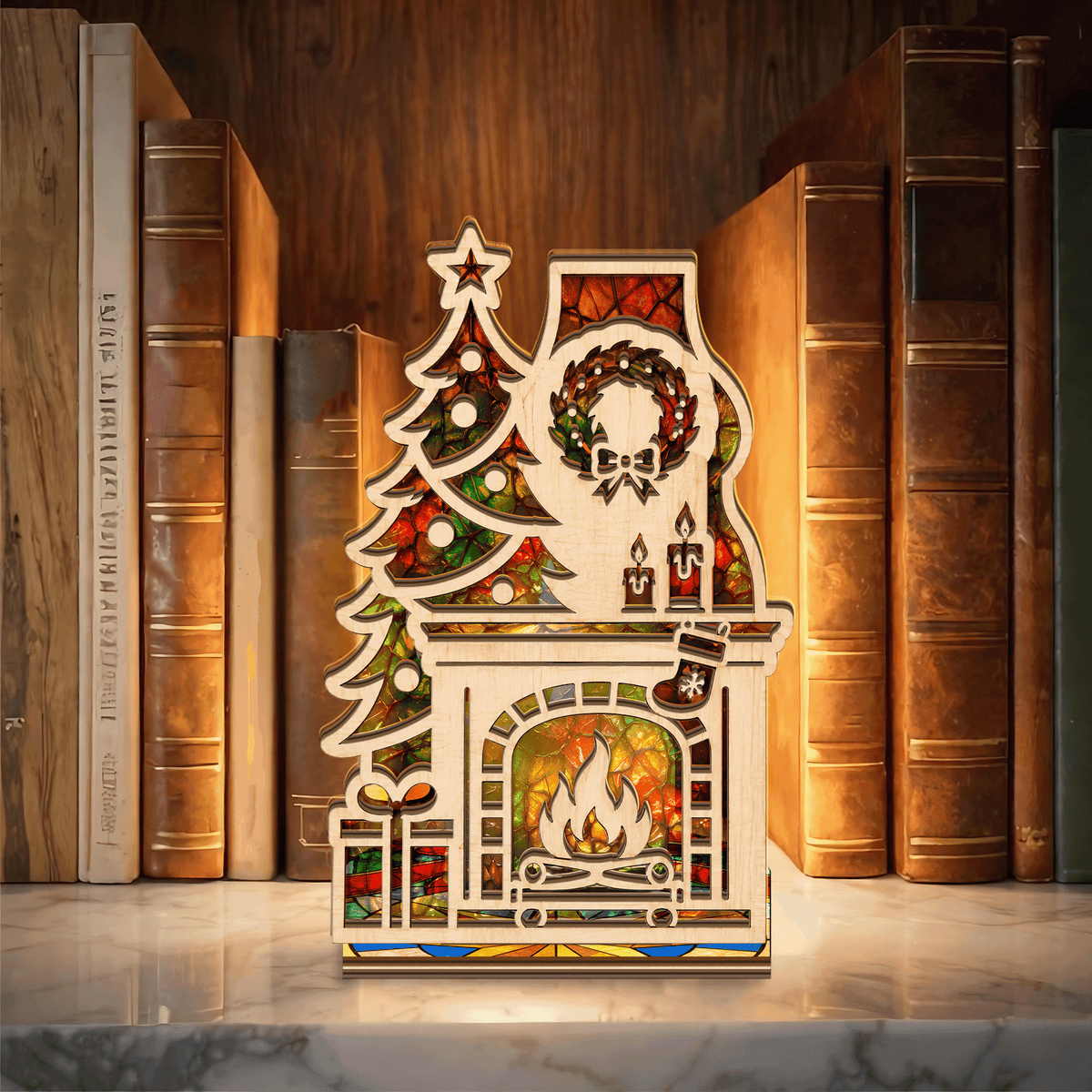 Christmas fireplace and tree suncatcher candle holder with wreath and stocking