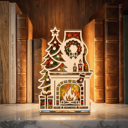 Christmas fireplace and tree suncatcher candle holder with wreath and stocking