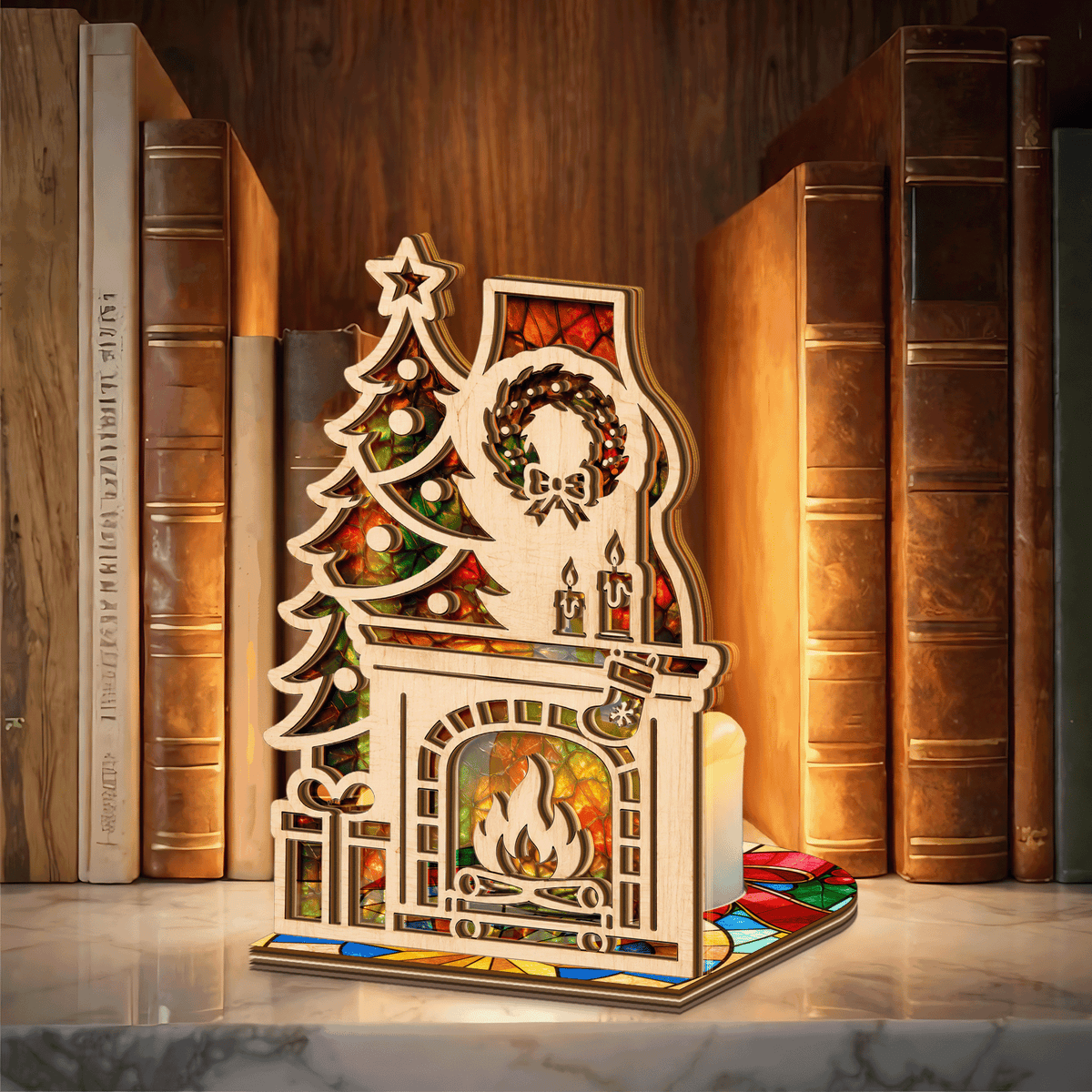 Christmas fireplace and tree suncatcher candle holder side view