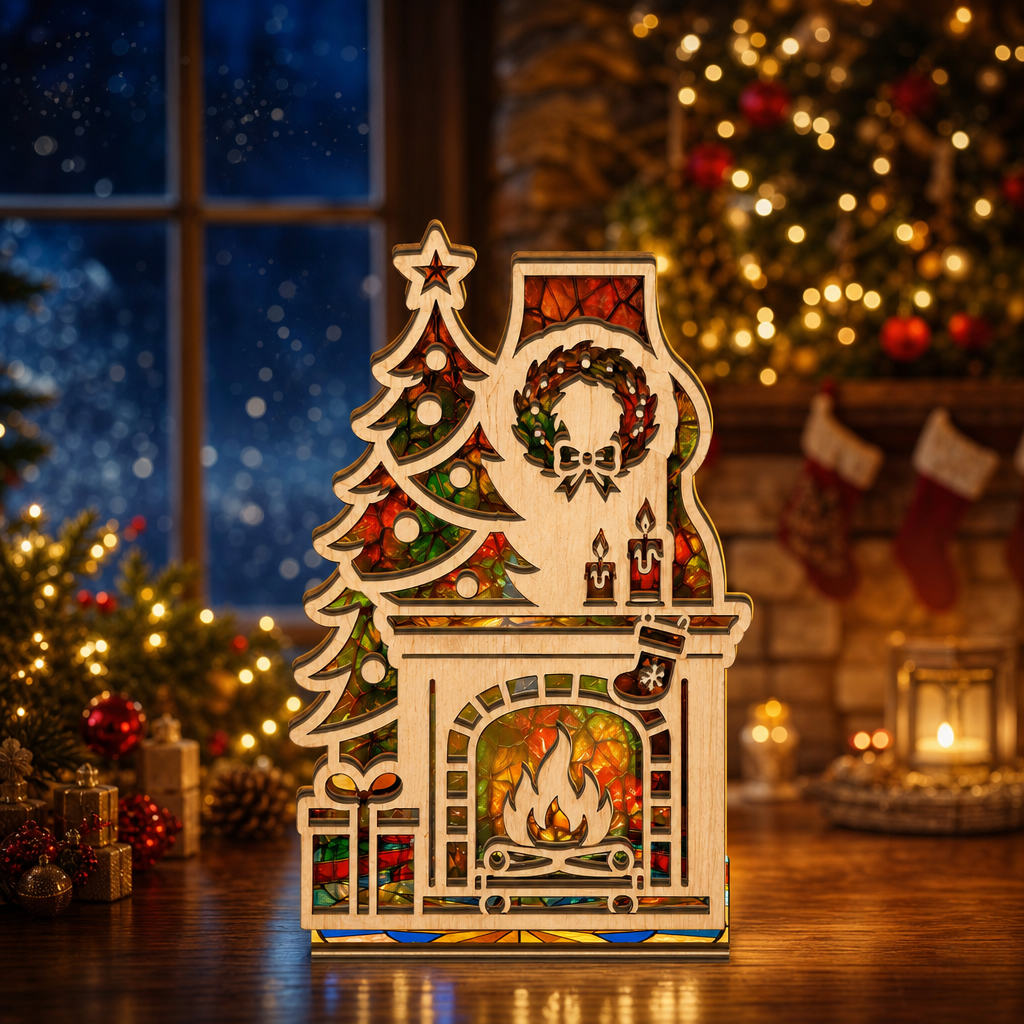 Christmas fireplace and tree suncatcher candle holder glowing on holiday table